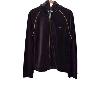 NWT Ralph Lauren Black Velour Hooded Jacket Gold Zipper Close -Accents,Pockets L